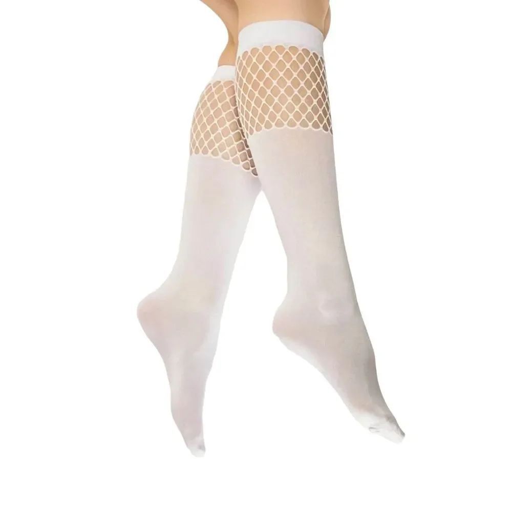 White Fishnet Top Tall Knee Socks Stockings - NEW